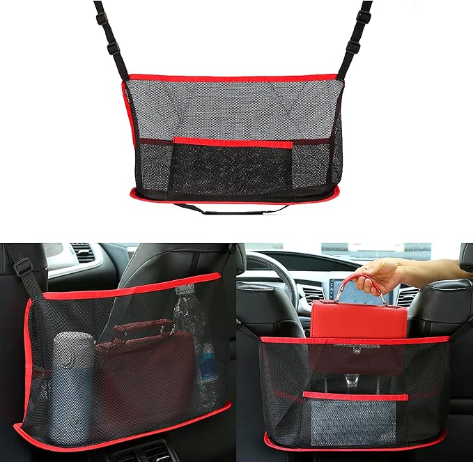 Car Net Pocket Handbag Holder, Organizer Mesh Bag Between Two Seat, Driver Storage Netting Pouch for Handbag Purse, Barrier of Backseat Pet Kids, Car Accessories for Women Men (Red)