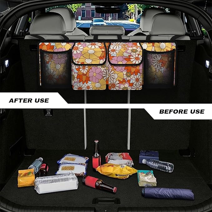 CLOHOMIN Hippie Flower Trunk Organizer for SUV Fashion Car Trunk Organizer Hanging Car Storage Bags Collapsible Cargo Bag with 4 Pockets Car Decor Accessories Gifts