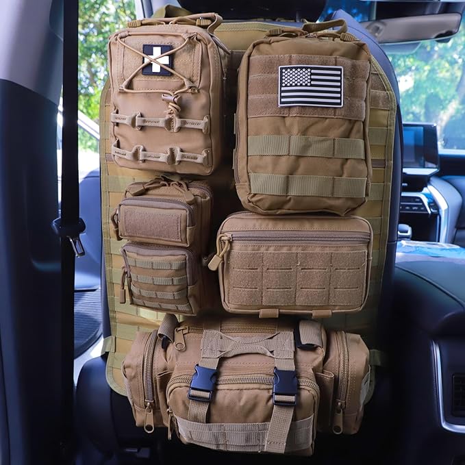 Universal Tactical Car Seat Back Organizer Bag Tactical Molle Vehicle Organizers Panel Vehicle Protector Organizers with 5 Detachable Pouches for Car Truck Ford Jeep (Model B-Khaki)
