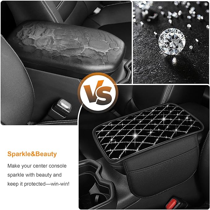 Bling Armrest Cover for Car Compatible with Jeep Renegade - Center Console Cover with 2 Storage Pockets and Crystal Diamond(Black)