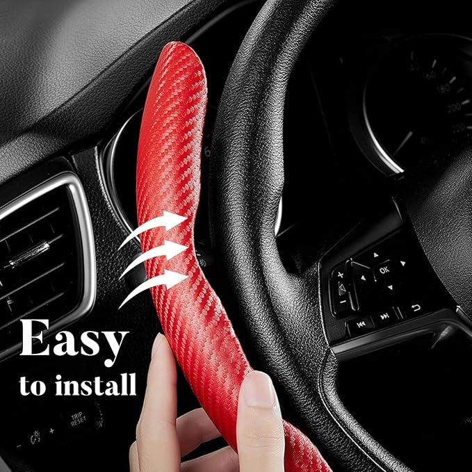 Carbon Fiber Steering Wheel Cover Anti-Slip Wrap Snap on Car Steering Wheel Accessories Grip 15 inch Universal 3pc Matte Red