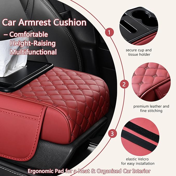 Car Center Console Cover for Toyota Crown Signia – 5-in-1 Leather Armrest Cushion Pad with 2 Storage Bags, Holds Cups, Phone, Tissues, Car Interior Accessory,A Black