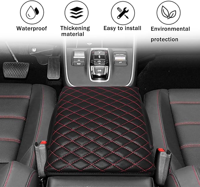 1.2in Thickness Center Console Cover for Honda CRV Accessories 2023 2024 2025 2026 Middle Console Cover Leather Armrest Box Lid Protector Cushion Pad with Pockets Interior (Red Stitch)