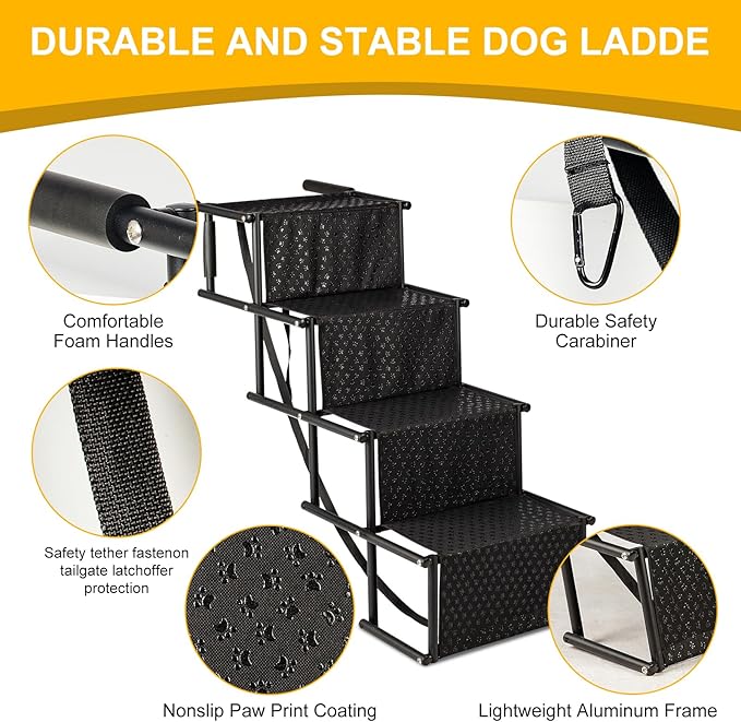 Dog Stairs for Car, Foldable Ramps for Dogs with Non-Slip Surface for Large Dogs Portable Dog Steps for Cars and SUV, Truck to 200 lbs, 4 Steps