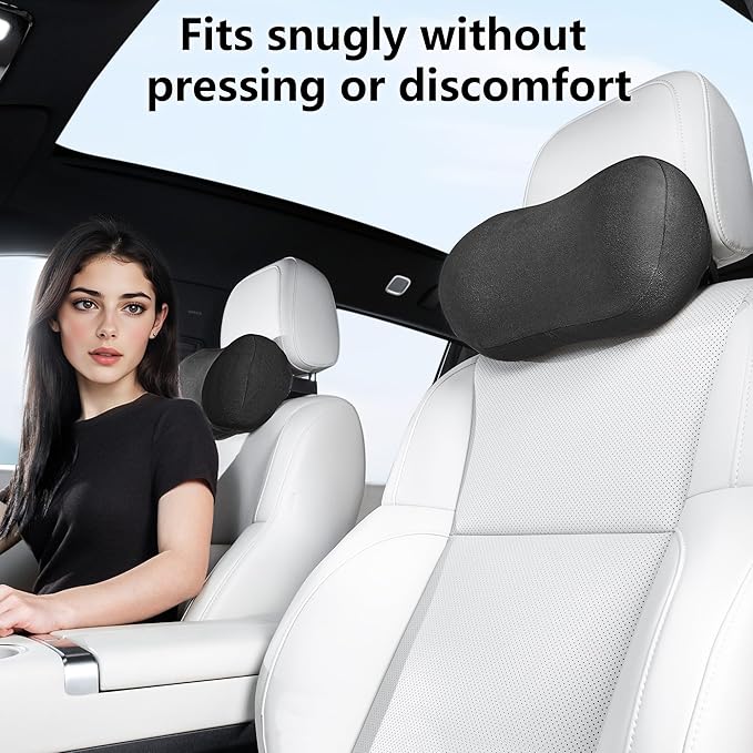 Car Neck Pillow Ergonomic Design Memory Foam Softness Car Headrest Pillow for Neck Support Cushion for Driving, Universal Fit Head Rest Travel Pillow, Fits All Vehicles, Black, 1 Pack