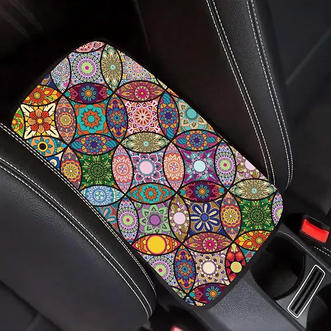 CREATCABIN Car Center Console Pad Flower Auto Armrest Seat Box Cover Car Armrest Pad Auto Center Console Cover with Bands Smooth Fabrics Soft and Comfortable for Vehicle SUV Truck 12.6×7.5in