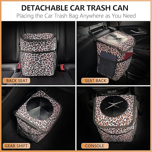 Big Ant Car Cup Holder Coaster and Car Trash Can Bin for Back Seat Leak Proof, Leopard print Cute Trash Bag Hanging, for SUV Truck Van,Automotive Vehicle Garbage Cans Front Seat Storage Pockets