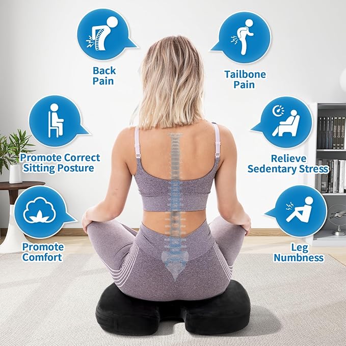 Memory Foam Seat Cushion for Sciatica Pain Relief, Posture Corrector for Office Chair, Car Seat & Wheelchair, Breathable Suede Cover with Non-Slip Bottom & Carrying Handle, Washable, Black