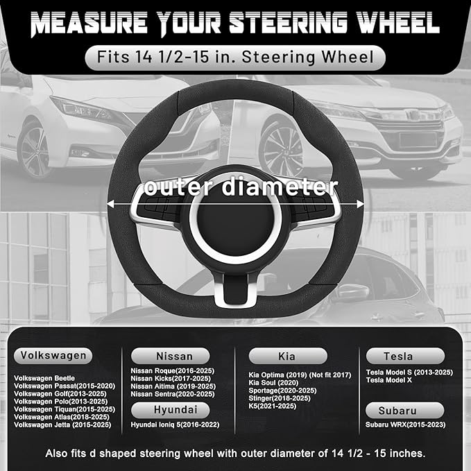 SEG Direct D Shaped Steering Wheel Cover, Flat Bottom Car Wheel Cover 14 1/2-15 in. (37-39 cm), Black and Beige Microfiber Leather