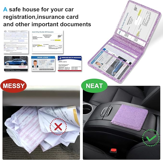 DMLuna Car Registration and Insurance Holder, Folio Leather Vehicle Card Document Glove Box Organizer, Driver License Cards, Glitter Purple