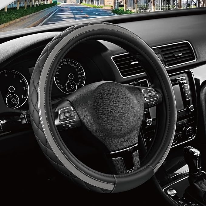 Road Comforts Leather Steering Wheel Cover – Black & Gray, Universal Fit 14.5-15 Inch, Microfiber Leather, Anti-Slip & Breathable Design for Men and Women