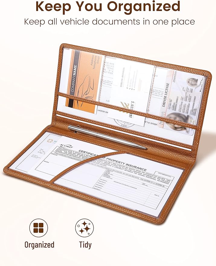 Yarnic Car Registration and Insurance Holder, Car Document Holder with Magnetic Closure, Car Organizer Vehicle Glove Box Compartment Organizer, Car Wallet Case for Men Women(Tan)