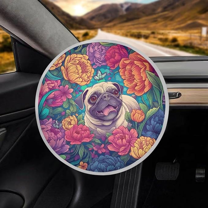 Pug Dog Peony Flower Pattern 17x17 inch Steering Wheel Sun Shade Cover Fit Most SUV Truck Car Van Universal Block UV Rays Car Rudder Visor Vehicle Steering Wheel Protector