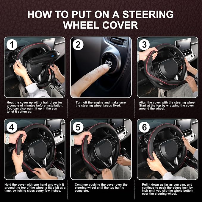 SEG Direct Steering Wheel Cover 14.5-15 inch (37-39 cm) Medium Size, Microfiber Leather, Non-Slip Comfortable Grip, Fits Cars Trucks SUVs, Black and Red