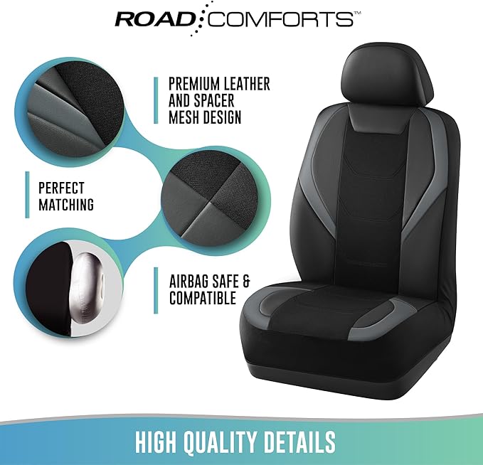 Road Comforts Car Seat Cover Full Set, Leather Mesh Seat Covers, Airbag Compatible, Universal Fit for Most Cars, SUVs, Trucks, and Vans - Gray