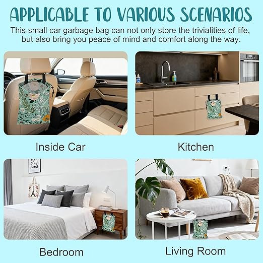 KXWQTRDD Car Garbage Bag Watercolor Floral and Green Leaves Drawstring Car Trash Bag Hanging for Back Seat with Adjustable Buckle Canvas Vehicle Trash Can Easy-to-Install