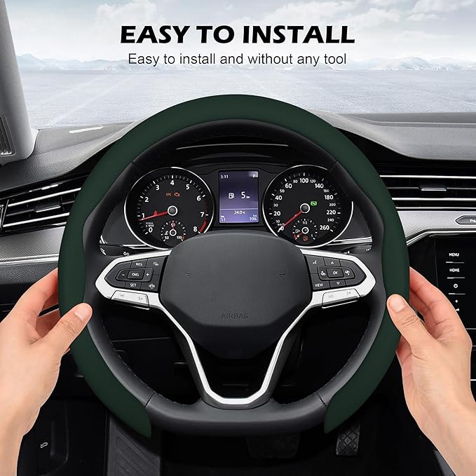frani Nappa Leather Steering Wheel Cover, Universal 15 Inch Premium Non-Slip Steering Wheel Cover Black Green