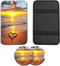 JANENFNA Car Armrest Cover Pads Universal Fashion Cute Auto Center Console Armrest Cover Pad with 2PCS Car Coasters Soft Waterproof Car Armrest Seat Protector for Women,Sunset Heart Beach