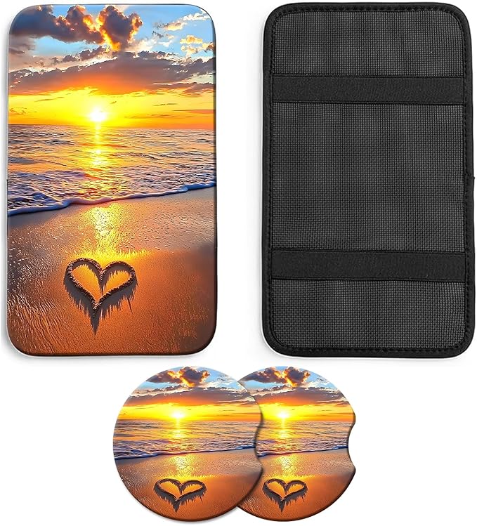 JANENFNA Car Armrest Cover Pads Universal Fashion Cute Auto Center Console Armrest Cover Pad with 2PCS Car Coasters Soft Waterproof Car Armrest Seat Protector for Women,Sunset Heart Beach