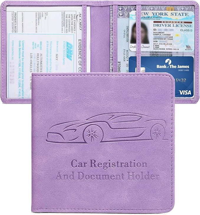 Car Registration and Insurance Holder, Vehicle Glove Box Car Organizer with Magnetic Closure for Documents, Cards, License Car Organization, 1-Pack Purple
