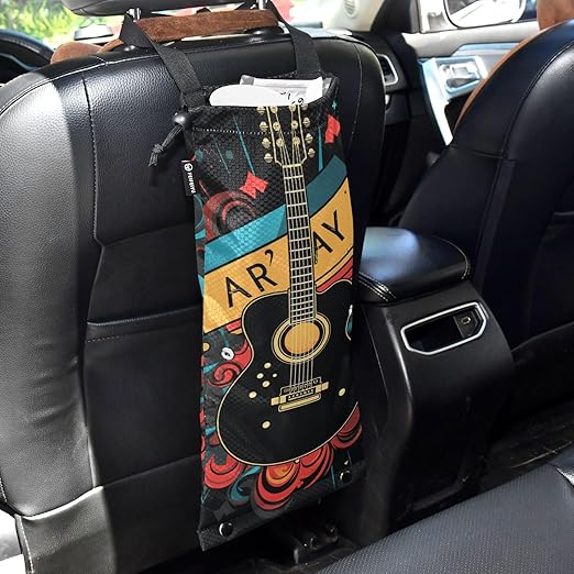 ALAZA Hanging Car Trash Bags Garbage Bag Trash Can for Back Seat Small Guitar 1 Washable Storage Bag Retractable 2 Pack