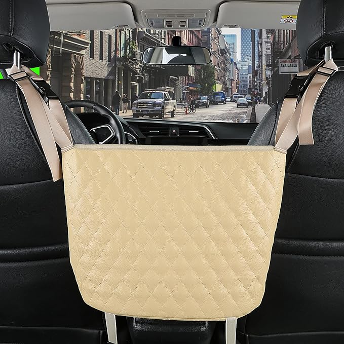 Car Organizers and Storage Purse Holder, Large Capacity Car Net Pocket Handbag Holder, Automotive Consoles & Backseat Organizer, Leather Back Seat Bag Between Car Front Seats, Beige