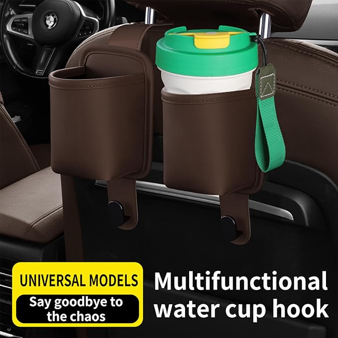 2-Pack Car Seat Back Cup Holder Organizer, Faux Leather Car Cup Holders with Hooks, Universal Backseat Storage for Drinks, Bottles & Travel Accessories (Brown)