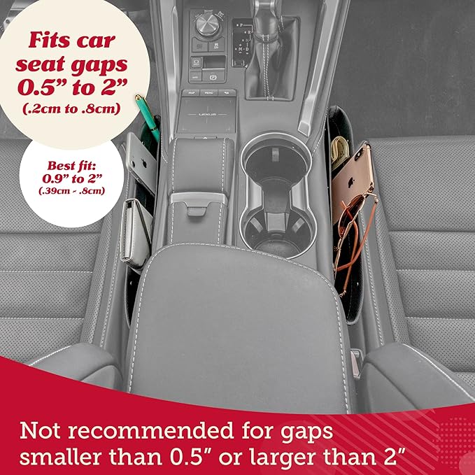 Lusso Gear Car Seat Gap Filler Organizer - 2-Pack Water-Resistant Storage for Auto Accessories - Universal Fit for Travel Essentials - Secure Spacer Organizes Car Essentials - Vegan Leather, Black