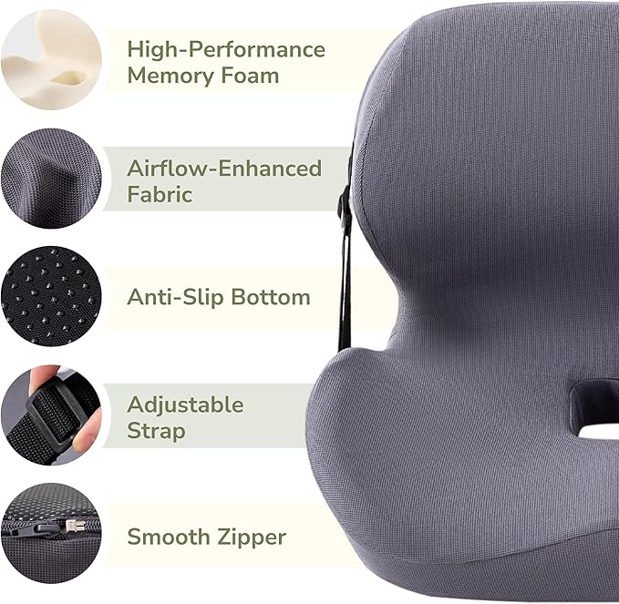 EGOHOME L-Shaped Seat Cushion for Office Chair & Car, Memory Foam Coccyx Cushion with Lumbar Support - Relieves Tailbone, Sciatica, Lower Back Pain, Adjustable Strap & Non-Slip Bottom, Grey