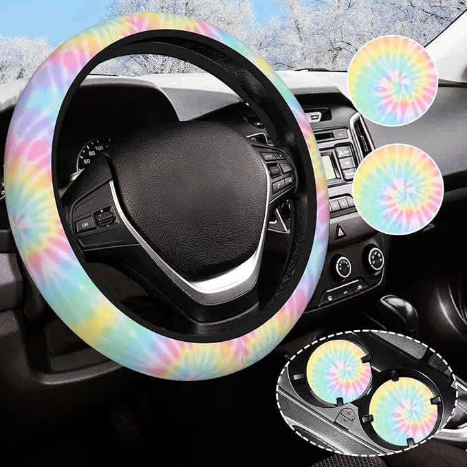 Rainbow Tie Dye Steering Wheel Cover for Women Men with 2 Pcs Car Coasters, Universal 14.5-15 Inch Rainbow Steering Wheel Covers Non-Slip Car Accessories for Girls