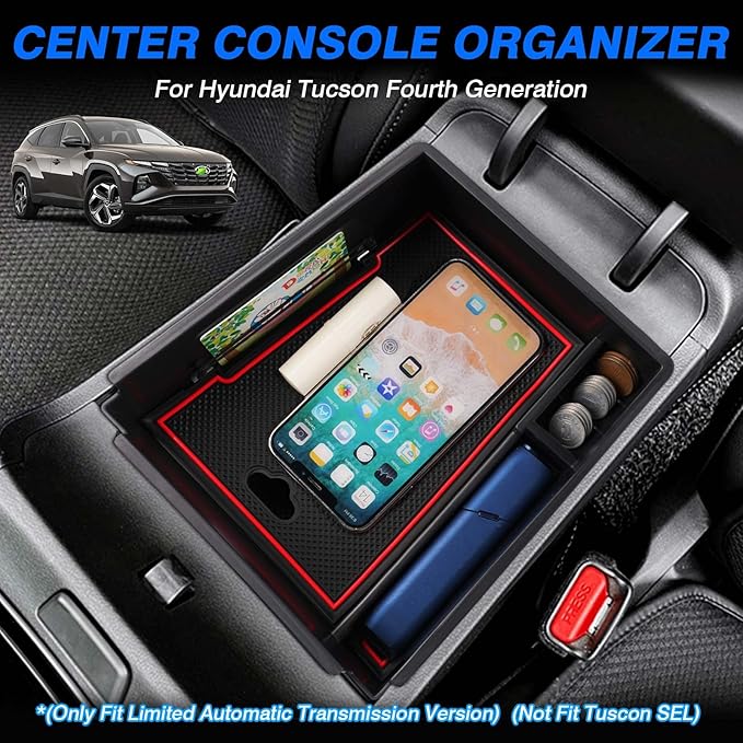 FIILINES Center Console Organizer for 2022-2024 Hyundai Tucson Limited/Hybrid (Automatic Transmission Only), Center Console Tray Secondary Armrest Storage Box ABS Insert Container with Anti-Slip Mats