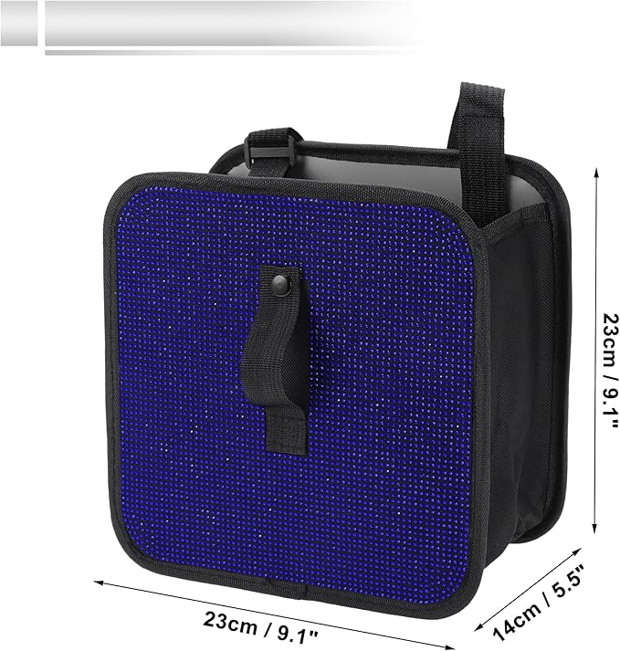 1 Pcs Universal Car Trash Can Hanging 9.1" Length 5.5" Width 9.1" Height Trash Bin Blue Black Fabric Rhinestone