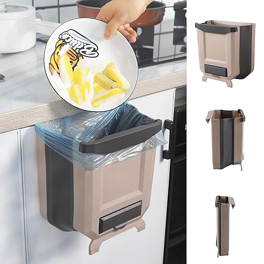 Hanging Kitchen Trash Can, Foldable Waste Bin for Kitchen, Collapsible Hang Small Plastic Garbage Can 2.4 Gallon for Cabinet/Car/Bedroom/Bathroom (Brown)