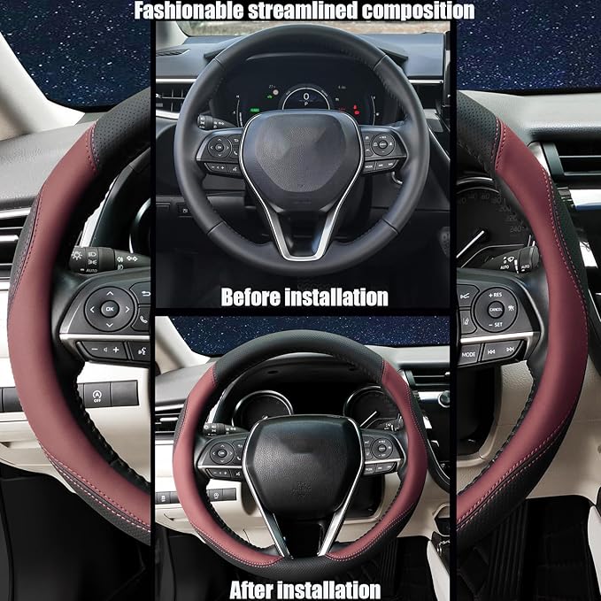 Mihecor Steering Wheel Cover Standard Size 14.5-15 inch, Breathable Microfiber Leather, Anti-Slip, Soft Grip, Fits Most Cars, SUVs, and Trucks, Black and Burgundy