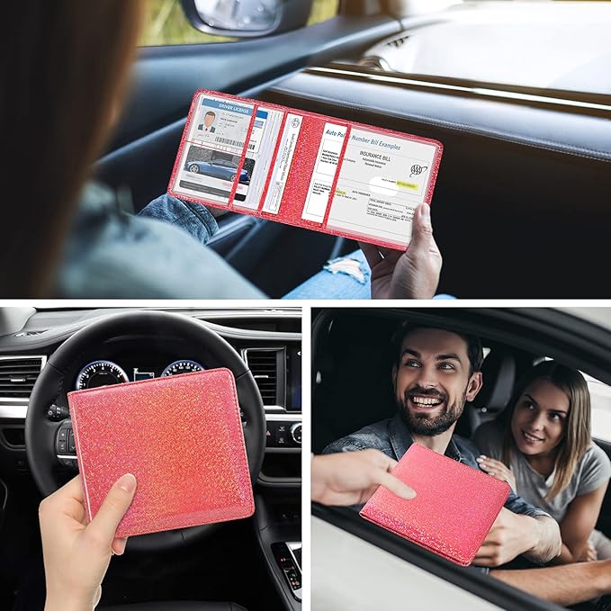 DMLuna Car Registration and Insurance Holder, Folio Leather Vehicle Card Document Glove Box Organizer, Auto Truck Compartment Accessories for Essential Information, Driver License Cards, Red Glitter