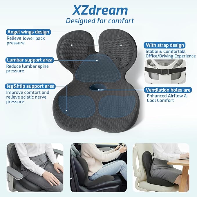 Ergonomic Seat Cushion,Office Chair Cushion with Lumbar Support Pillow,Memory Foam Car Seat Cushions,Designed for Sciatica, Tailbone,Back Pain,Back Cushion for Office,Car,Home Desk Chair