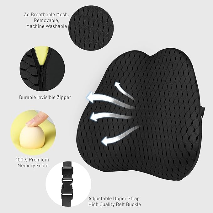 Lumbar Support Pillow for Car and Office Chair, Back Support Pillow for Car Seat, Memory Foam Back Cushion for Low Back Support and Pain Relief (Black)