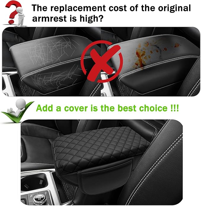 Center Console Cover for Ford Explorer 2026 2025 2020-2024 Accessories 1.2in Thickness Armrest Cover Leather Arm Rest Box Lid Protector Cushion Pad Middle Console Cover with Side Pockets(Black Stitch)