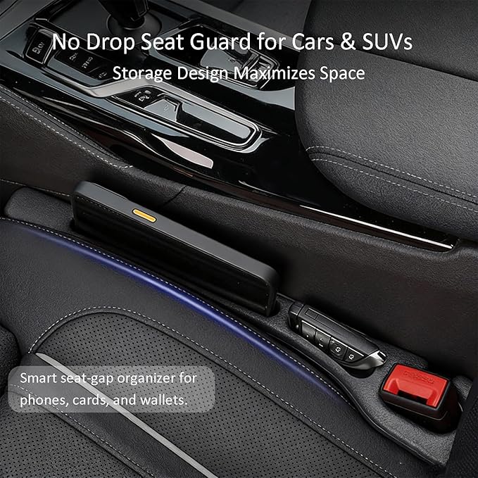 Car Seat Gap Filler, 2 Pack Universal Seat Gap Filler Strip with Seatbelt Slot, Anti-Drop Pad & Car Organizer for The Gap Between Seat and Console, Stop Items from Falling - Black