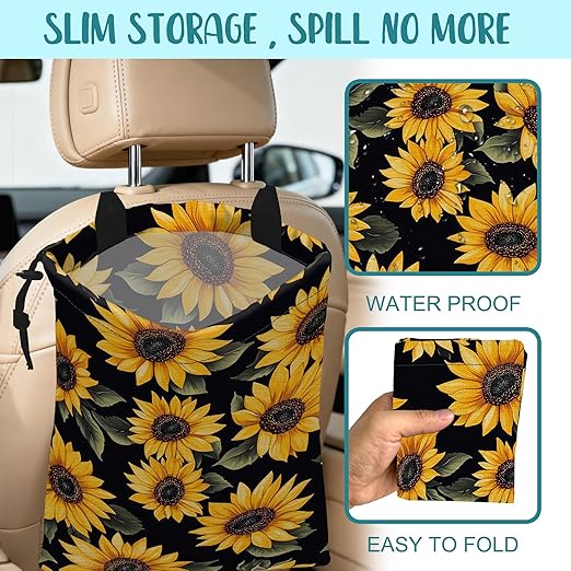 KXWQTRDD Car Garbage Bag Retro Yellow Sunflowers Hanging Canvas Car Trash Bag Drawstring Car Back Seat Organizer for Car Back Front Seat Console with Adjustable Buckle