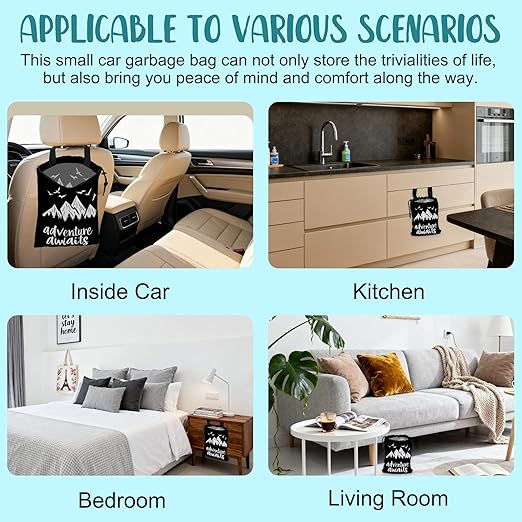 KXWQTRDD Adventure Awaits Car Garbage Bag Mountain and Bird Hanging Canvas Car Trash Bag Drawstring Car Back Seat Organizer for Car Back Front Seat Console with Adjustable Buckle