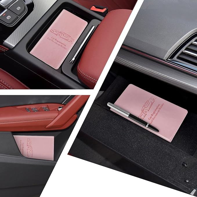 Peisicne Car Registration and Insurance Card Holder for Women Men, Pink Glove Box Paperwork Organizer with Magnetic Buckle for Easy Access and Protect Documents and Various Cards in Vehicle