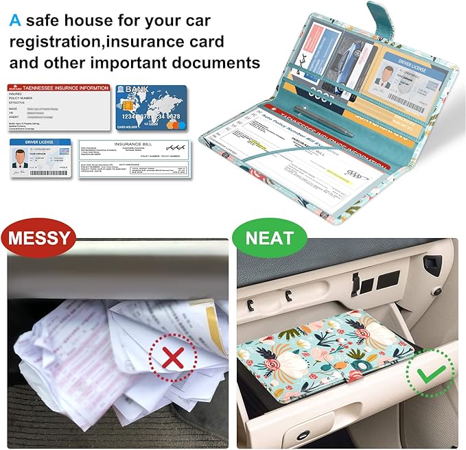 DMLuna Car Registration and Insurance Holder, Leather Vehicle Card Document Glove Box Organizer, Auto Truck Compartment Accessories for Essential Information, Driver License Cards, Hill Flower