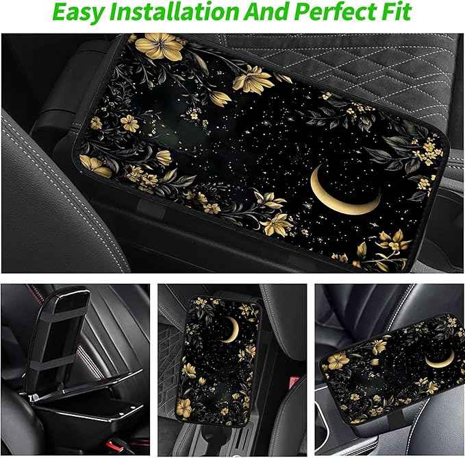 JANENFNA Car Armrest Cover Pads Universal Fashion Cute Auto Center Console Armrest Cover Pad with 2PCS Car Coasters Soft Waterproof Car Armrest Seat Protector for Women,Moon and Flowers