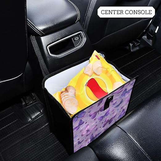 Car Trash Can Organizer Bin with Adjustable Strap for Back Front Seat Console Waterproof Leakproof Collapsible Portable 8.66 Inch Purple Dreamy Butterflies and Stars