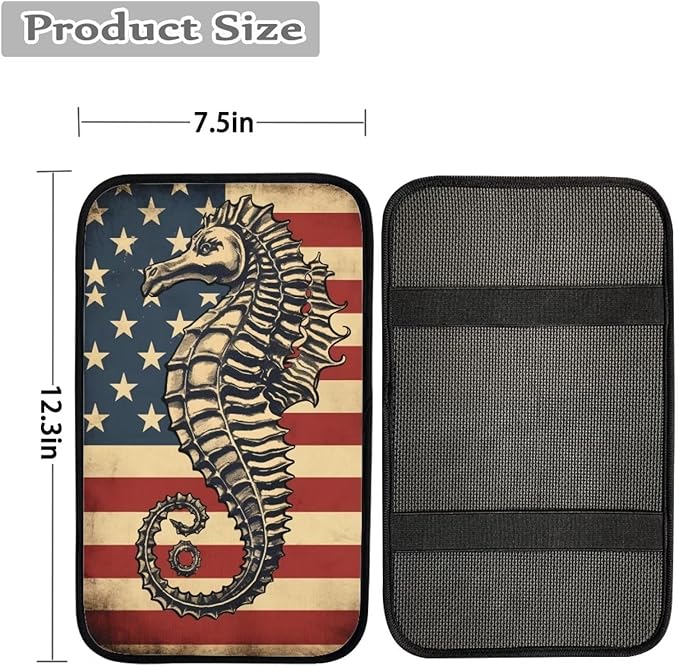 Car Center Console Pad, Universal Waterproof Car Armrest Seat Box Cover, Car Interior Accessories for Most Vehicle SUV Truck Vintage American Flag Seahorse Car Armrest Pad