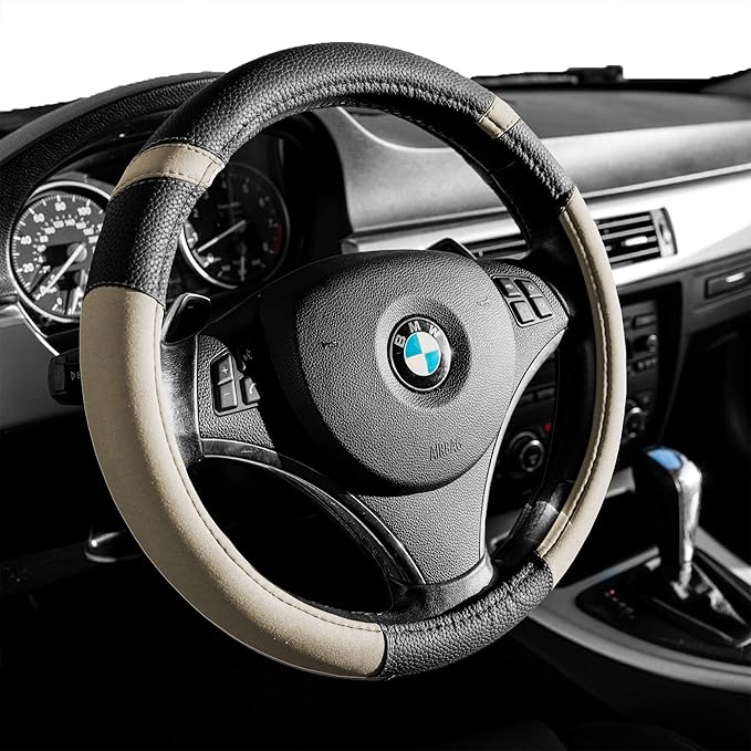 Gorla Gear Beige Leather Neoprene Steering Wheel Cover Women Men, Easy Fast Installation, Tan Khaki Universal Fit 14.5 15 15.5 Inch, Anti-Slip Safer Grip Car Accessories for Automobile Truck SUV Van