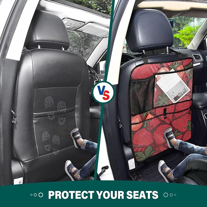 2 Pack Back Seat Car Organizer with Storage Pockets Kick Mats Back Seat Protector Hanging Car Organizer Automotive Seat Back Cover Organizers Cartoon Red Strawberry