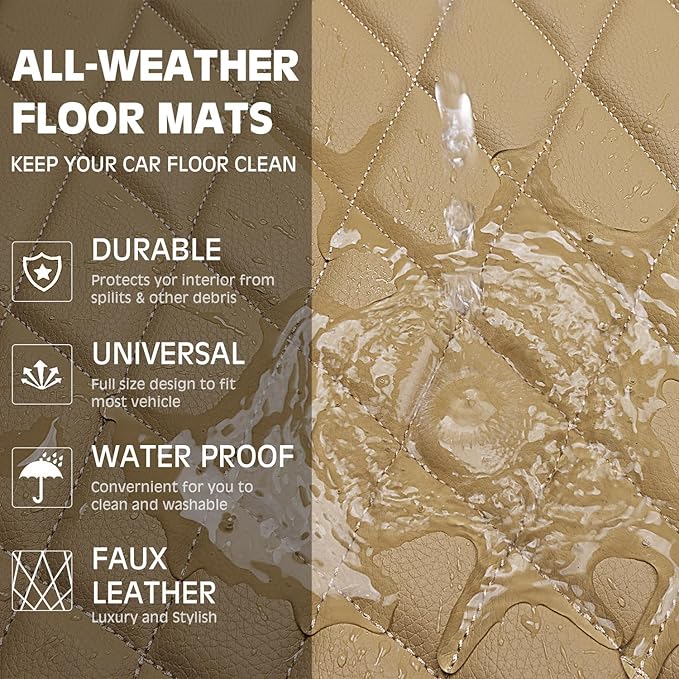 CAR PASS Luxury Faux Leather Floor Mats for Cars, Waterproof All Weather Car Mats Full Set, Anti-Slip Deluxe Automotive Floor Mats Universal Fit for Most SUV,Vans,Sedans,Trucks, 4 Piece Beige