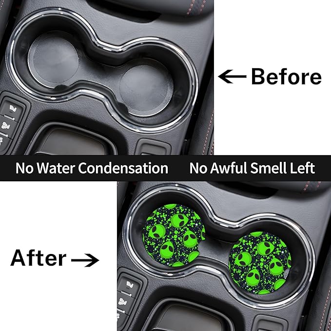 HUWAAI Alien Glaxy Sky Green Car Cup Holder Coasters 2 Pack Universal 2.63 Inch Anti Slip Ceramic Absorbent Coaster with Cork Base and Finger Notch Cute Car Accessories Interior for Women